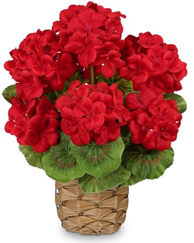Arborus Konstgjord blomma i vävd kruka 34,8 cm falska röda pelargon i rustik korg realistiska silkesblommor arrangemang inomhus dekorativ konstgjord blommande växt för hem vardagsrum bordsdekor