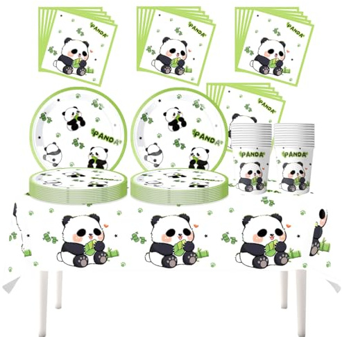 Fuwraixis Vaisselle de fête Panda, 61 pièces Vaisselle pour anniversaire d'enfants, Adorable Panda Ensemble d'assiettes en papier, Thème animalier Décorations de fête, pour 20 invités