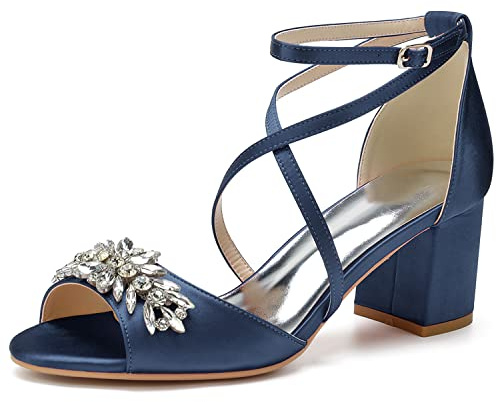GHSIRUEU Women's Strappy Low Chunky Block Heels Sandals Open Peep Toe Rhinestone Wedding Prom Formal Evening Shoes