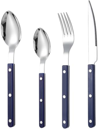 BommFu Set di posate francesi in argento da tavola, set di 4 posate francesi, sarta, cucchiaino, cucchiaio, forchetta, lavabile in lavastoviglie, per cena e