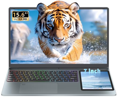 Nmybwo Dual Screen Laptop 15,6 Zoll LCD-Bildschirm + 7 Zoll Touchscreen Computer 16 GB RAM 1 TB SSD in tel N100 (bis zu 3,4 GHz) / Student & Business Tragbarer PC mit farbiger Hintergrundbeleuchtung