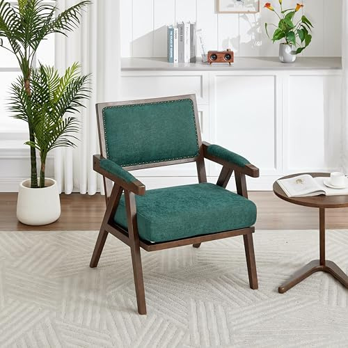 FammyLoft Mid-Century Lounge Sessel mit Armlehnen, Sessel Wohnzimmer mit Holzrahmen, Loungesessel für Wohnzimmer/Schlafzimmer/Arbeitszimmer/Büro, Grün