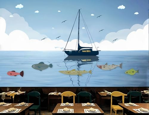 rskjdghshd Sea and Sailboat Wallpaper Decorative Background Painting Restaurant Coffee Shop Mural, 3D, 350x245cm