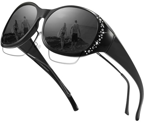 TJUTR Überzieh Sonnenbrille Damen, Polarisierte Sonnenbrille für Brillenträger UV400 Schutz, Strass überbrille Sonnenbrille über Normale Brille zum Aufstecken für Autofahren Outdoor Alltag