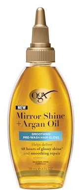 OGX Mirror Shine + Arganöl vor dem Waschen Haarglanz, Ausspülbehandlung, glänzender Glanz, glättende Reparatur, leicht, silikonfrei, repariert Spliss, 118 ml