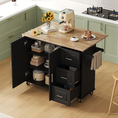 Ktipm Isla Cocina con Ruedas y Tablero Plegable, Isla de Cocina con 3 Cajones y 2 Puertas, Mueble Auxiliar Cocina con Estante Ajustable y Toallero, para Cocina y Comedor, 137x43-76x92 cm, Negro