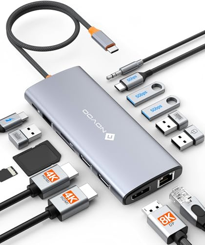 NOVOO Dockingstation Laptop 2 Monitore, 14 in 1 Docking Station 8K DP | USB C Hub, Dual HDMI 4K, Gigabit Ethernet, 100W PD, 6 USB C/USB A Ports, SD / TF/ Audio für Dell HP ThinkPad
