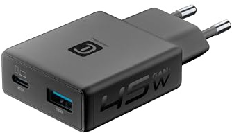 Cellularline Netzladegerät Power Lite 45 W mit USB-C 45 W und USB-A 18 W, GaN+ Technologie, kompaktes Design, gleichzeitiges Laden von Zwei Geräten, schwarz
