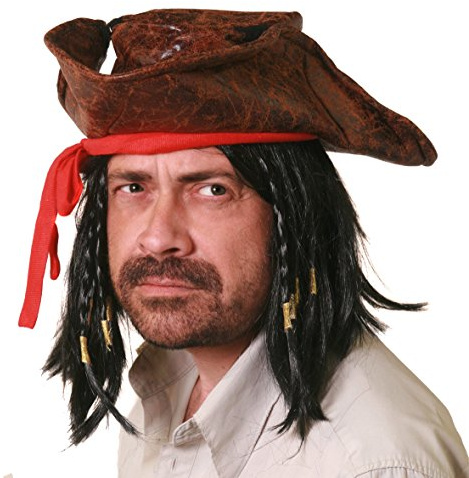 Piratenhut für Herren mit rotem Bandana und Dreadlock-Perücke, Leder, Schwarz