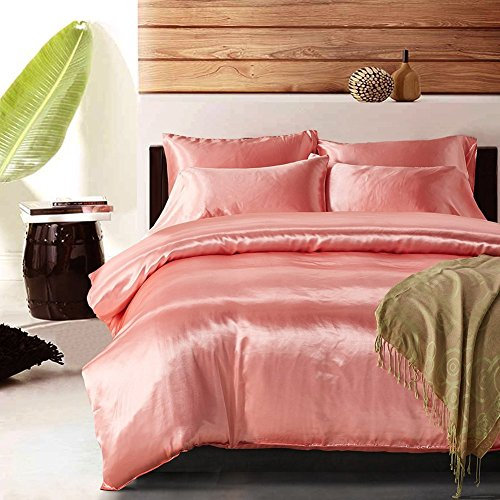 Parure de lit en satin de soie - 1 housse de couette et 2 taies d'oreiller - TanNicoor, rose, 135 x 200 cm