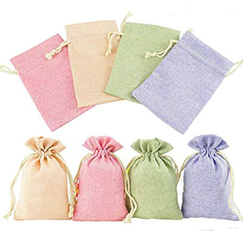 ToBeIT Sachets en Jute 24 Pièces Petit Pochette en Lin Sacs Cadeau avec Cordon Serrage, Pochon Tissu pour Lavande, Bijoux, Mariage, Fête, Noël (4 couleurs)