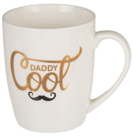 Kaffeebecher Daddy Cool, Motiv schwarzer Schnauzbart, Dandy-Stil, gold-schwarz auf weiß; Maße: Ø 8,5 cm (ohne Henkel); H: 10,5 cm; Vol.: ca. 300 ml. Perfekt für den Vater als Vatertagsgeschenk.