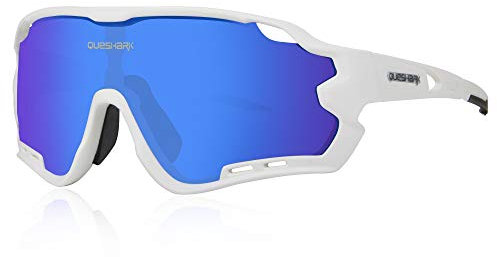 Queshark Lunettes de Soleil Sports Polarisées pour Hommes Femmes Cyclisme Course Pêche Golf Moto UV400 Lunettes 4 Objectif Interchangeable (Blanc)
