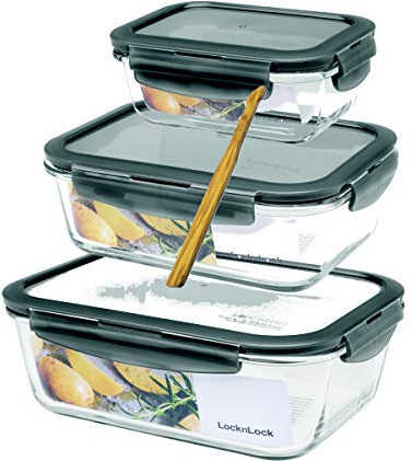 SeleXions Lock & Lock Boroseal Glas Set 3 TLG rechteckig 380 ml, 2l & 1 l alle mit Deckel