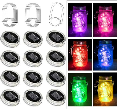ZNYCYE Mason Jar Solar Lights for Outside, 12 Pack 30LED Fairy Firefly Lights Mason Jar Solar Lids Outdoor Waterproof String Lights with Hangers(NO Jars) for Patio Garden Yard Lawn Decor(6 Colors)