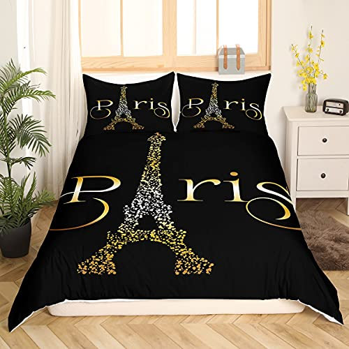 Loussiesd Eiffelturm Bettwäsche Set 135x200cm Romantisches Paris Theme Betten Set für Kinder Mädchen Erwachsene Stadtbild Bettbezug Set Französisches Raumdekor 2St. Bettwäsche Schwarz Golden