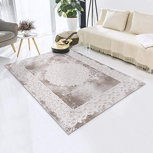 Impression Teppich Wohnzimmer Deko - Kurzflor Teppich im Vintagelook Öko-Tex zertifizierter - Beige-traditionell - Größe 80x150