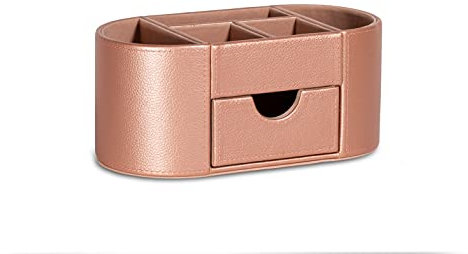 OSCO Blush Faux Leather Desk Organiser with Drawer | Desk Tidy | Pen Holder | Makeup Container | Pencil Storage | 6 Compartments | Stationery Caddy | H10 x W23 x D12 cm |