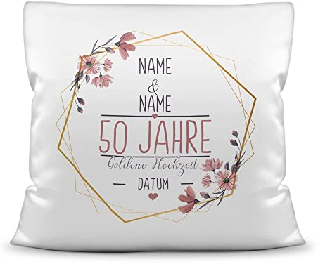 Tassendruck Kissen Hochzeitstag Goldene Hochzeit - mit Name & Datum selbst gestalten - 50 Jahre Ehe, Geschenk Hochzeit, Jubiläum, Jahrestag - Hochzeit Kissen Polyester Weiß, 40x40 cm I Personalisiert