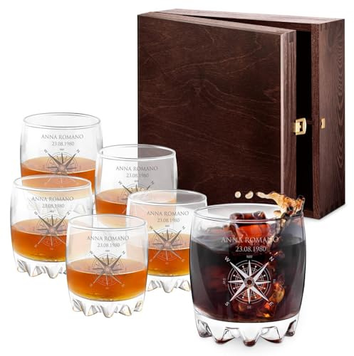 Maverton set 6 bicchieri per whisky in vetro 310ml | Incisione personalizzata, ottimi per acqua, per bourbon e drink, idea compleanno unica e speciale per la donna, bussola