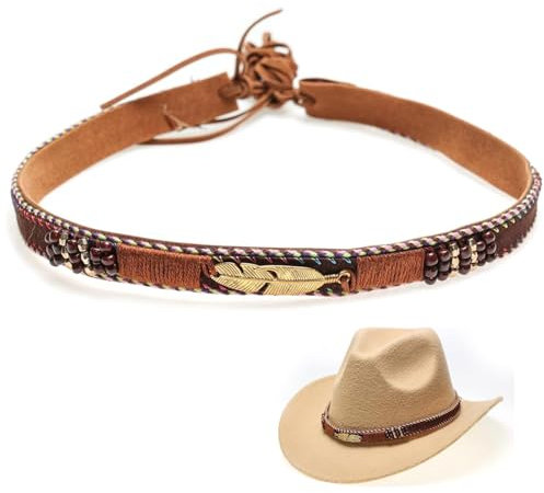 Halukakah Cowboy-Hutband für Männer Frauen Westlicher Jahrgang Retro-Stil Handgemachter Strick Feder Leder Größe Einstellbar