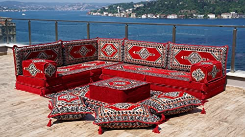 Rote Ecksofa-Sitzgarnitur, L-förmige Sofagarnitur, orientalische Bodenbestuhlung, Wohnzimmersofa, Sofabezüge, Terrassensofa, Sofa-Überwurfdecke (L Sofa + Teppich + Ottomane)