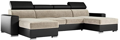 MKS MEBLE Sofa U Form, Wohnlandschaft U Form mit Schlaffunktion, Sofa mit Schlaffunktion, Sofa XXL, Couch mit Schlaffunktion, Polstersofa mit Bettkasten - Fox U Creme Schwarz Monolith