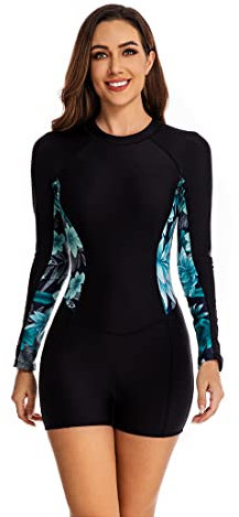 Beachkini Damen Einteiliger Reißverschluss Badeanzug mit Langen Ärmeln für Bademode Bedruckt Farbblock Schwimmanzug Surfen Tauchen Rashguard,86 Schwarze Blume,S
