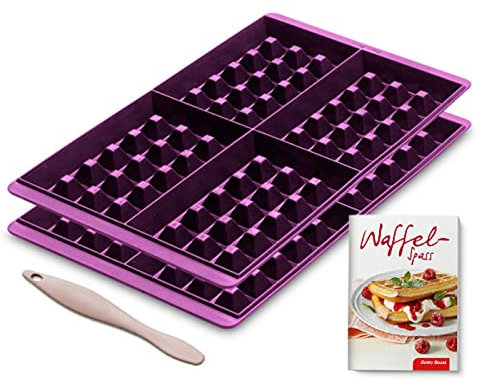 Betty Bossi Waffelform für den Backofen - 8 Waffeln auf ein Mal zubereitetn, rechteckige lila flexible Silikonformen, mit 1 Hebespachtel und Rezeptbüchlein, Hitzebeständig bis 220 Grad Antihaft