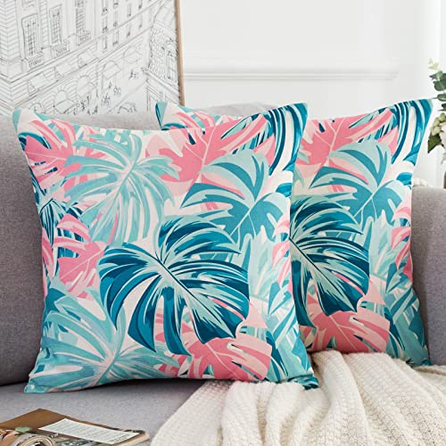 Kissenbezug 45x45 cm Grün Blätter Tropisch Pflanze Kissenhülle Outdoor Kissen Sofakissen Bezug Zierkissenbezüge Leinen Dekorative Kissenbezüge 2er Set für Sofa Couch Bett Wohnzimmer Schlafzimmer