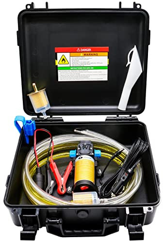 Juego de bomba de transferencia de combustible de 12 V, mueve hasta 85 galones de gas o diésel por hora con funda de transporte mejorada y tubo de plomo de polea, ideal para vehículos, barcos,