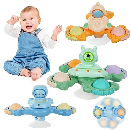 Ainiv 3PCS Suction Cup Spinner Toy for Baby, Spinners for 2 Year Old Boy Girl, Plane Travel Toddler Sensory Toy, Suction Fidget Spinner for Baby Bath, Sensory Toys for Toddlers 1-3 Year Old