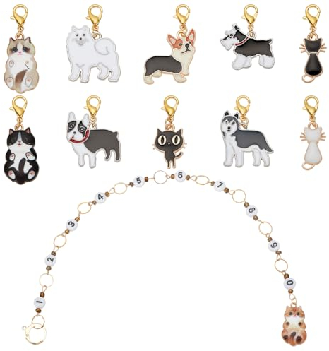 BENECREAT 11 Stück Acryl-Zahlenperlen-Strickreihenzählerketten Und Katzen-Hund-Legierungs-Emaille-Charm-Maschenmarkierungen Mit Karabinerverschlüssen Zum Stricken, Weben, Nähzubehör