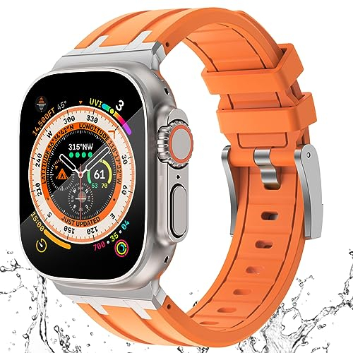 KADES Bracelet de luxe en caoutchouc de silicone liquide pour homme avec adaptateur en acier inoxydable pour iWatch Ultra 2/Ultra/SE/Series 9, 8, 7, 6, 5, 4, 3, 2, 1, orange
