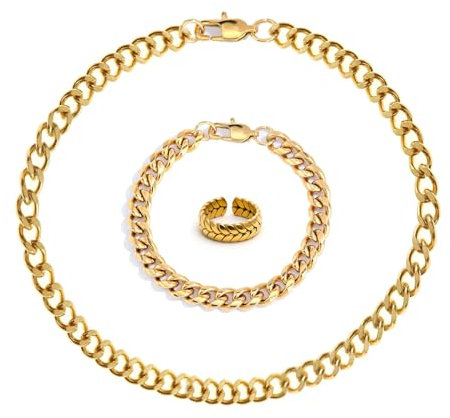 DGUSO Goldkette Herren,Hochwertige Goldkette aus Edelstahl Kette Herren Gold Herren Halskette Klassische Panzerkette, Cuban Link Chain Gold 55cm | 4mm, mit Gold Armband Herren Goldring für Herren