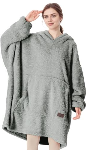 Catalonia Classy Wearable Oversized Hoodie Blanket, Snuggle Sherpa Blanket Hoodie, Warm Throw Blanket Sweatshirt with Sleeves for Winter, Gifts for Mum Women Men Adults Teens, Grey