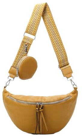 ITALYSHOP24 Damen Tasche Crossbody Schultertasche Gürteltasche Messenger-Tasche Hüfttasche Bauchtasche Umhängetasche Cross-Over Bodybag Handytasche Leder Optik Gelb L