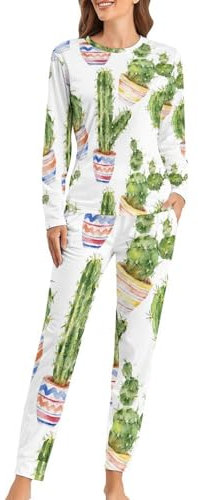 UMENG Kaktus Damen Schlafanzug Lange Pyjama Set Zweiteiliger Nachtwäsche Langarm Hausanzug Sleepwear