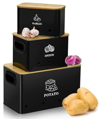 NIKYJM Kartoffel Aufbewahrungsbox 3er Set Potato Storage Küche Aufbewahrung für Kartoffeln Hält Gemüse Lange Frisch Kartoffeltopf Zwiebeltopf und Knoblauchtopf mit Lüftungslöchern und Handhaben