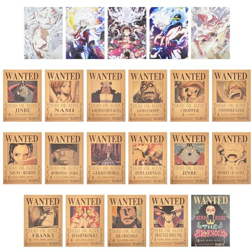 BJPERFMS One Piece Poster, 18 PCS One Piece Wanted Poster, Anime Poster mit Luffy Gear 5 Strohhut Piraten, für Schlafzimmer Dekoration Anime Wall Decor Posters, Wandcollage Geschenke für Fans