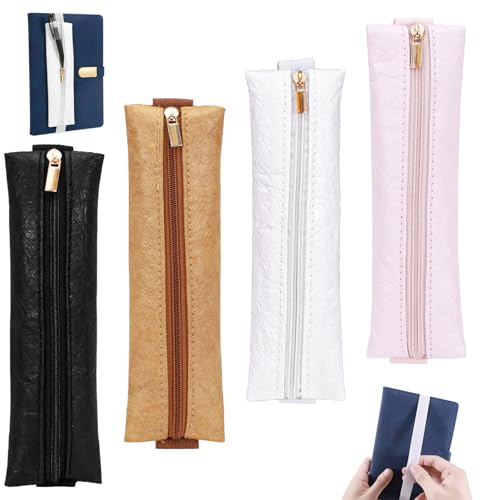 Modixun Stifthalter für Notizbuch, Reißverschluss, Tagebuch, Stifthalter mit Gummiband, Stifteetui, Stifthalter für Notizbuch, Buchplaner, 4 Stück, Schwarz, Braun, Weiß, Rosa, Kompakt