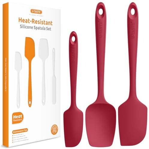 U-Taste Silicone Spatula Set of 3: 315 ℃ High Heat-Resistant Rubber Bowl Scraper, Seamless Food Grade Flexible Kitchen Utensils for Cooking Baking Mixing & for Nonstick Cookware (Red)