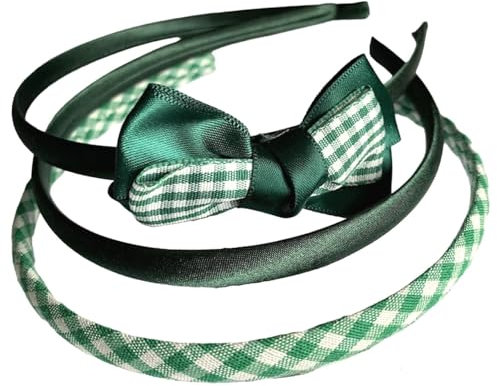 Green White Gingham School Hair Accessories (Set of 3 School Slim Alice Headbands Green Satin and Gingham, one with a bow)