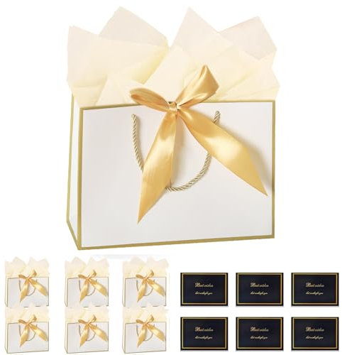 SHOWLL Geschenktüten Set 6 Stück Papiertüten Mit Schleifenbändern + 6 Grußkarten + 6 Taschentüchern,Geschenkpapier Hochzeit Geschenkverpackung Gift Bag Für Geburtstag Hochzeit Feier Party (Gold)