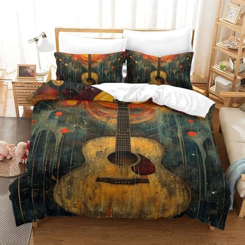 BEDPOCHY Gitarre Bettbezug Set Bettwäsche-Sets Kinderbettwäsche Reißverschluss Mit Kissenbezug Betten Set Für Jugendliche Kinder Schlafzimmer Single(140x200cm)