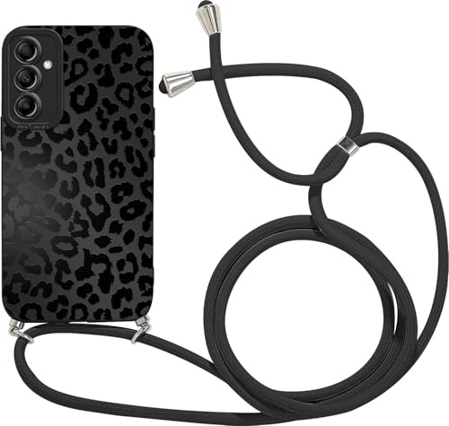Coalbooliy Handykette für Samsung Galaxy A55 5G Hülle mit Band, Aesthetic Leoparden Muster Verstellbarer Halskette Handyhülle Kordel Umhängen Silikon Case Stoßfest Schutzhülle Kette Mädchen Cover, 01