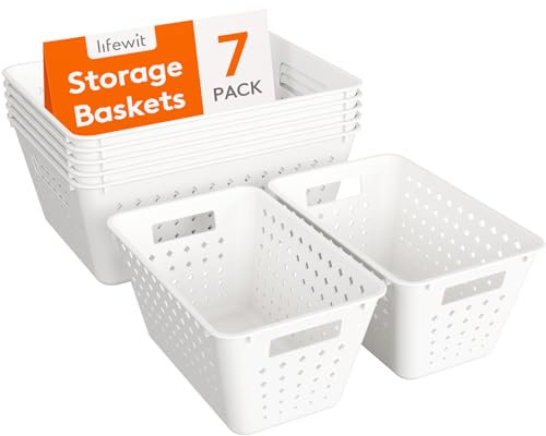 Lifewit Plastic Storage Basket, 7 Pack Stackable Bins for Organizing, Multi Size Open Containers for Shelving, Pantry, Kitchen, Bathroom, Office and Cabinet, 5 Large and 2 Small Size, White