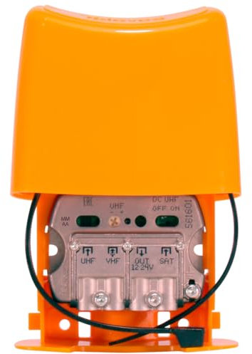Amplificador de mástil 12-24V, modelo 3E/1S, ideal para mejorar la señal de televisión y radio en instalaciones.