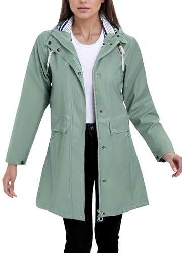 ATLASLAVA Regenjacke Damen Lang Wasserdicht Regenmantel mit Kapuze PU Trenchcoat für Outdoor Wandern Camping Graugrün M