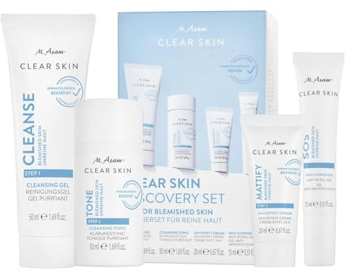 M. Asam CLEAR SKIN Discovery Set 4-teilig (2 x 50 ml, 20 ml, 15 ml) – Anti Pickel Pflege für reine Haut, Skin Care Set mit Waschgel, Toner, Creme, & Spot Stopper Gel, Porenreiniger Gesicht